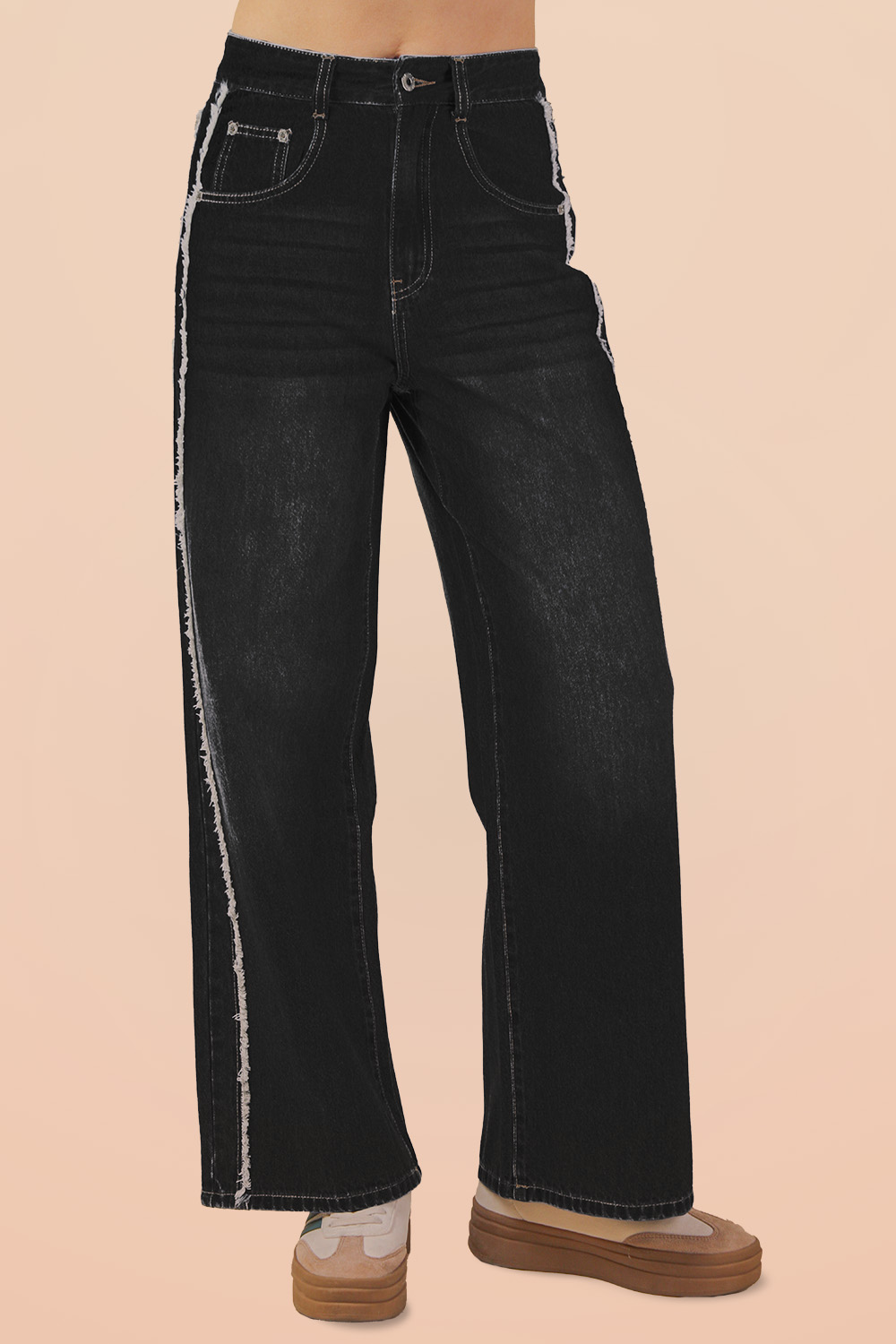 VJP90037-VERY JEAN Frayed Detail Washed Denim Pants for wholesale by VERY J
